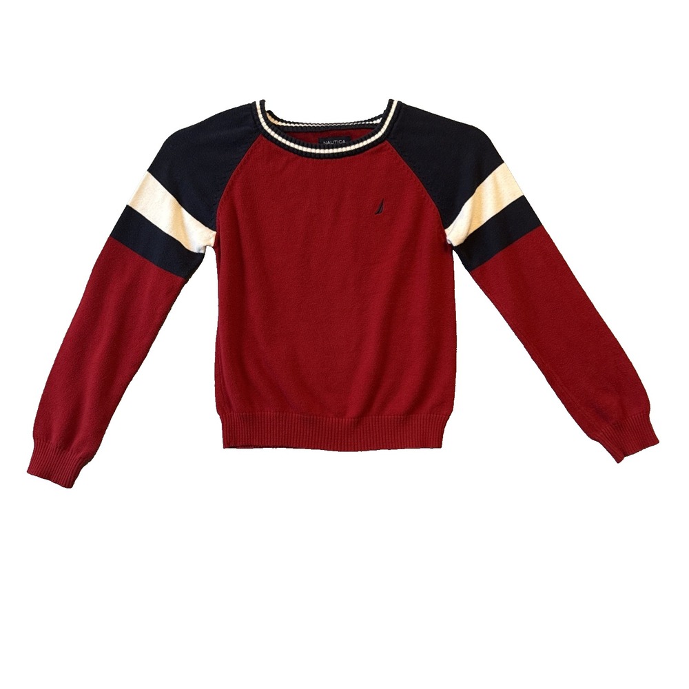 Nautica Boys Red Blue Crewneck Sweater Size 7 Lg Colorblock Knit Preppy Retro
